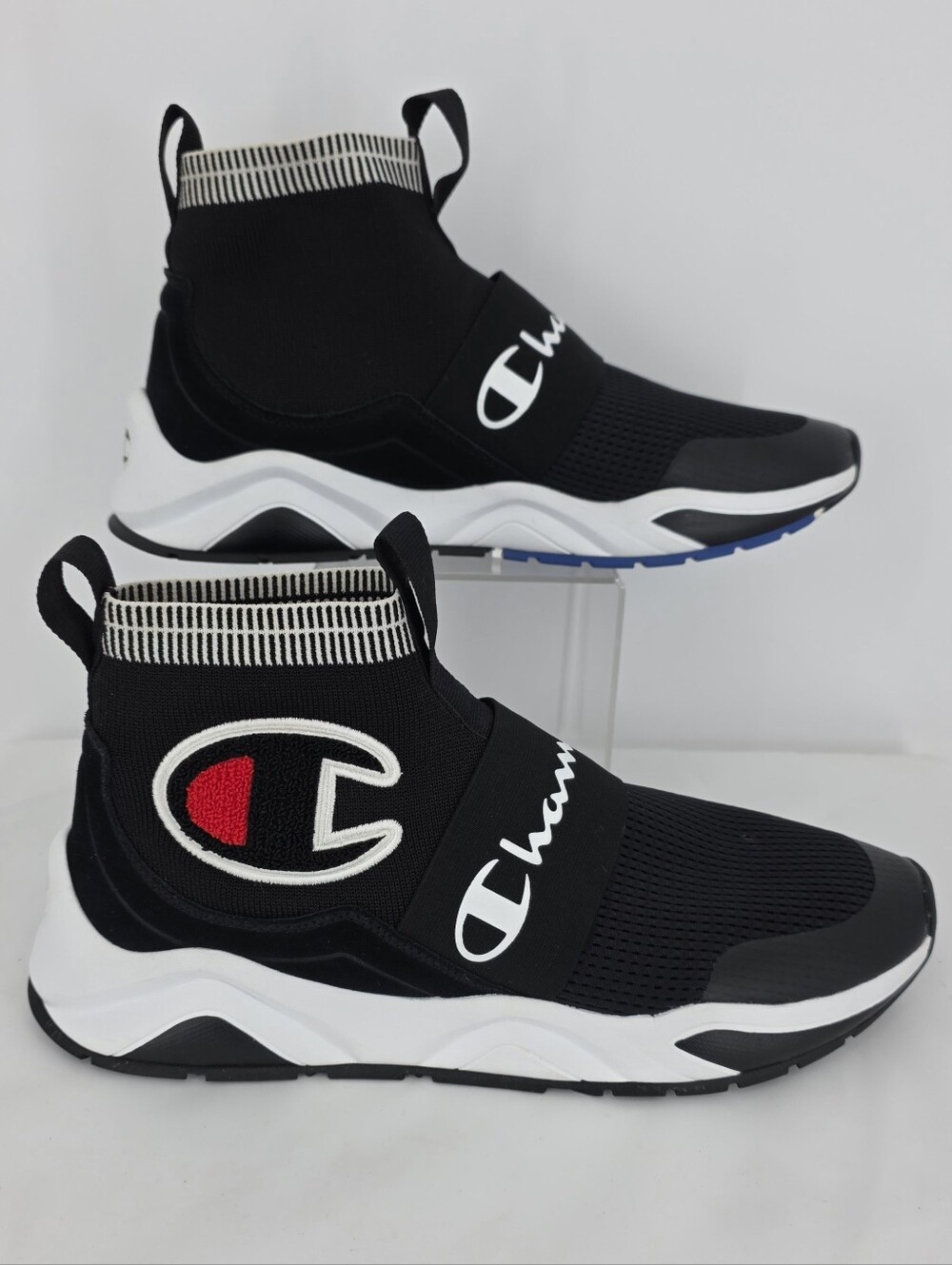 Champion Rally Pro Mens 11 Black Sock High Top Sneakers CM100018M Logo Strap